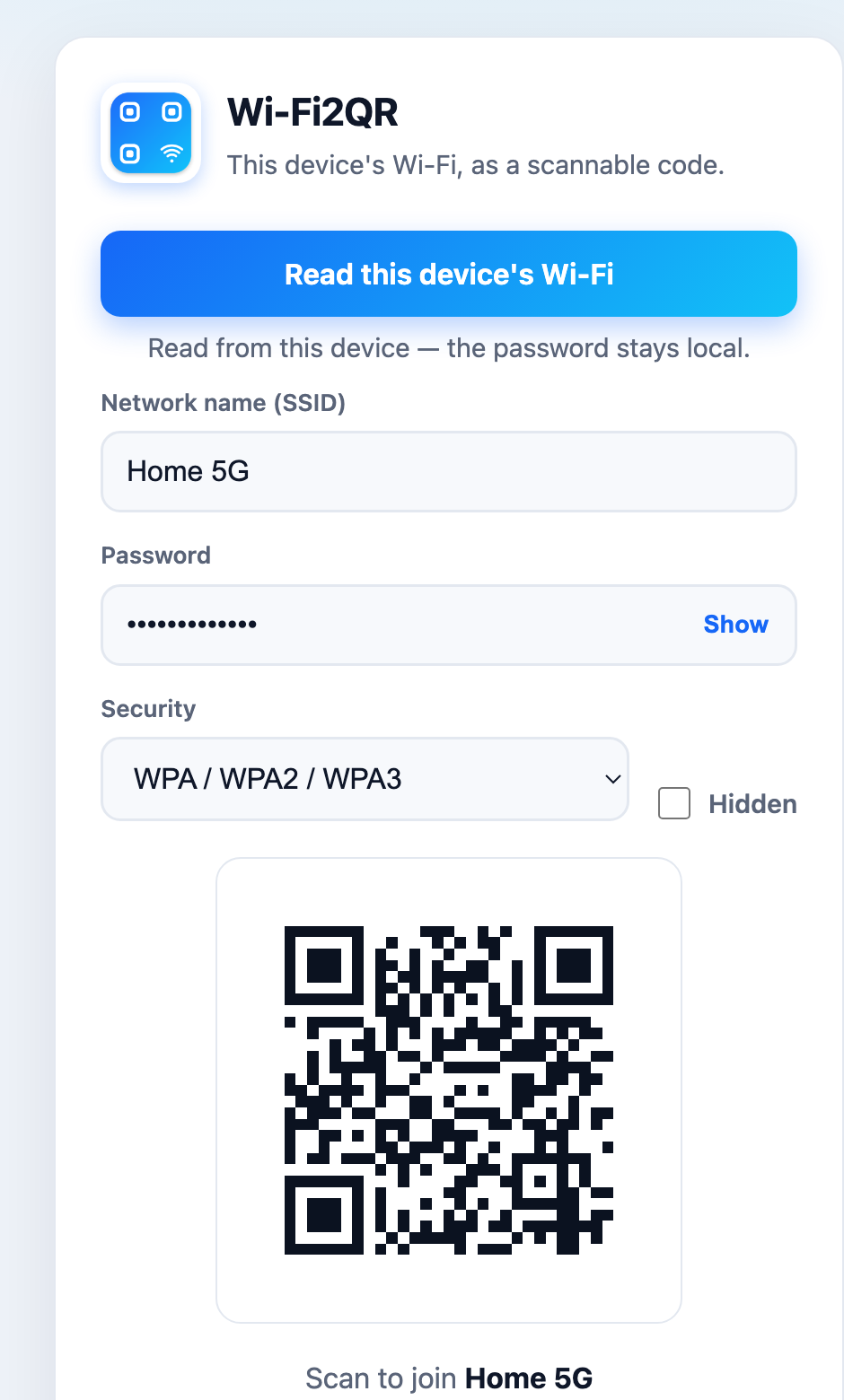 The Wi-Fi2QR desktop app showing a one-click ‘Read this device's Wi-Fi’ button and a generated QR code