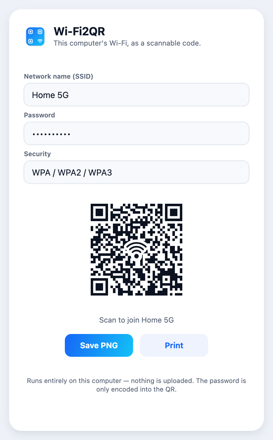 The Wi-Fi2QR desktop app showing a one-click 'Read this device's Wi-Fi' button and a generated QR code